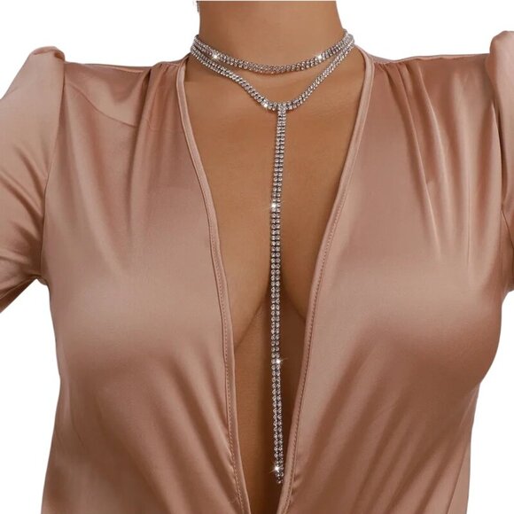 2/$24 Rhinestone Silver Crystal Choker Y-Lariat Necklace Adjustable Chain Elegan - Picture 1 of 8